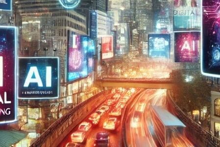 Projektunion-Werbetrends2025-marketin-ki Stadtansicht mit digitalen und klassischen Werbetafeln, Symbole für KI und datengetriebene Werbung. Werbetrends 2025 - Projektunion