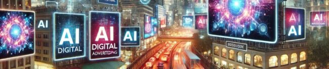 Projektunion-Werbetrends2025-marketin-ki Stadtansicht mit digitalen und klassischen Werbetafeln, Symbole für KI und datengetriebene Werbung. Werbetrends 2025 - Projektunion